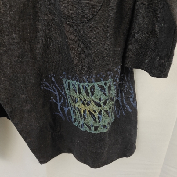 VTG Blue Fish RARE 100% Linen Hand Printed Coral Button Up Black Shirt Size 1 - Picture 3 of 15